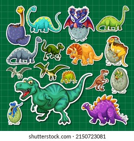 Sticker set of different dinosaur cartoon characters illustration