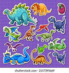 Sticker set of different dinosaur cartoon characters illustration