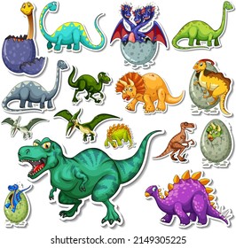 Sticker set of different dinosaurs cartoon illustration