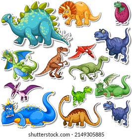 Sticker set of different dinosaurs cartoon illustration
