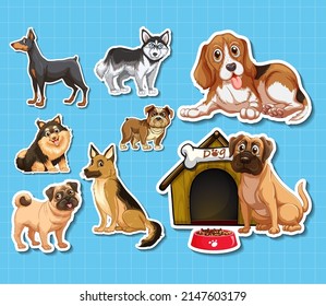 Sticker set of different dogs cartoon illustration