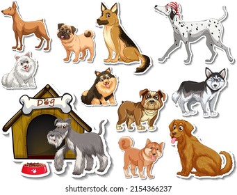 Sticker set of different dogs cartoon illustration