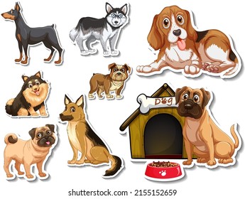 Sticker set of different dogs cartoon illustration