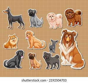 Sticker set of different dogs cartoon illustration