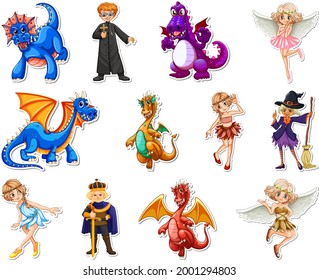 Sticker set with different fairytale cartoon characters illustration