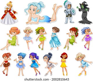 Sticker set with different fairytale cartoon characters illustration