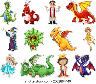 Sticker set with different fairytale cartoon characters illustration