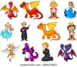 Sticker set with different fairytale cartoon characters illustration