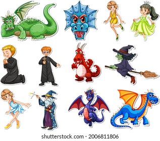 Sticker set with different fairytale cartoon characters illustration