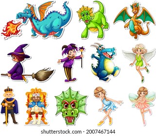 Sticker set with different fairytale cartoon characters illustration