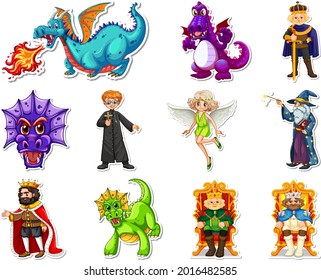 Sticker set with different fairytale cartoon characters illustration