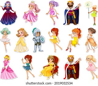 Sticker set with different fairytale cartoon characters illustration