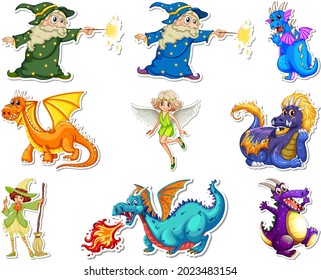 Sticker set with different fairytale cartoon characters illustration