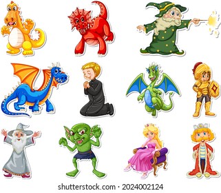 Sticker set with different fairytale cartoon characters illustration