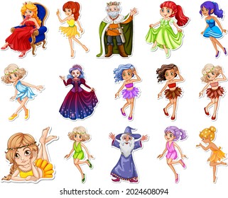 Sticker set with different fairytale cartoon characters illustration