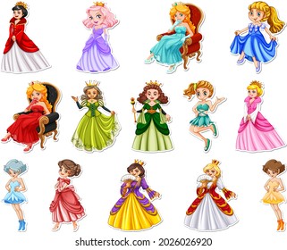 Sticker set with different fairytale cartoon characters illustration