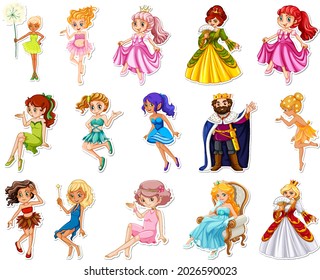 Sticker set with different fairytale cartoon characters illustration