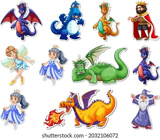 Sticker set with different fairytale cartoon characters illustration