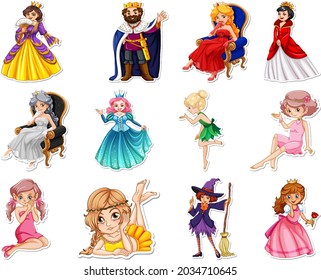 Sticker set with different fairytale cartoon characters illustration