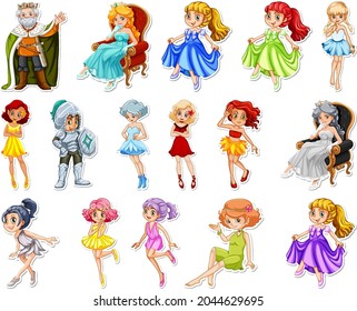 Sticker set with different fairytale cartoon characters illustration