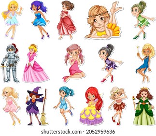 Sticker set with different fairytale cartoon characters illustration