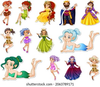 Sticker set with different fairytale cartoon characters illustration