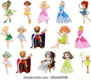 Sticker set with different fairytale cartoon characters illustration