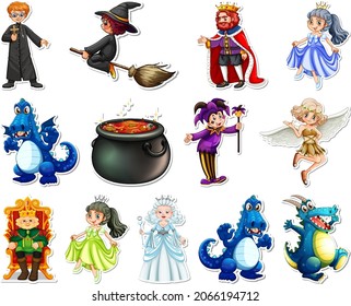 Sticker set with different fairytale cartoon characters illustration