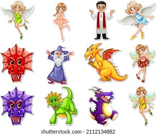 Sticker set with different fairytale cartoon characters illustration