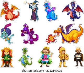 Sticker set with different fairytale cartoon characters illustration