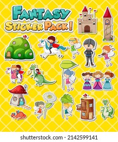 Sticker set with different fantasy cartoon characters illustration
