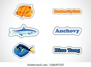 Sticker set of different fish, Flat vector illustration