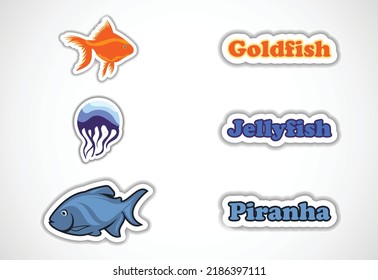 Sticker set of different fish, Flat vector illustration