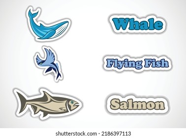 Sticker set of different fish, Flat vector illustration