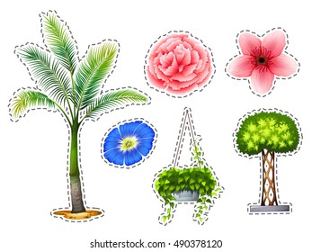 Sticker set with different kinds of plants illustration