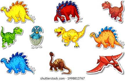 Sticker set with different types of dinosaurs cartoon characters illustration