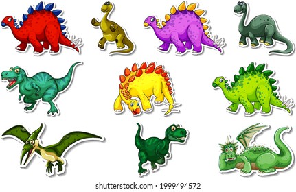 Sticker set with different types of dinosaurs cartoon characters illustration