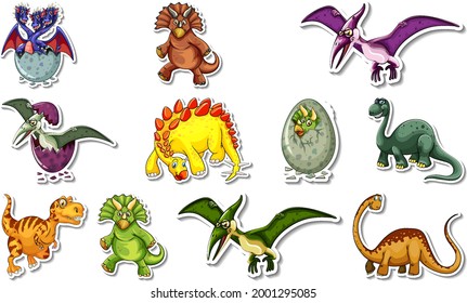 Sticker set with different types of dinosaurs cartoon characters illustration
