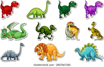 Sticker set with different types of dinosaurs cartoon characters illustration