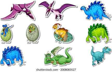 Sticker set with different types of dinosaurs cartoon characters illustration