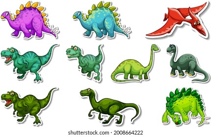 Sticker set with different types of dinosaurs cartoon characters illustration