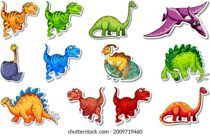 Sticker set with different types of dinosaurs cartoon characters illustration