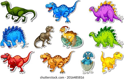 Sticker set with different types of dinosaurs cartoon characters illustration
