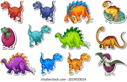 Sticker set with different types of dinosaurs cartoon characters illustration