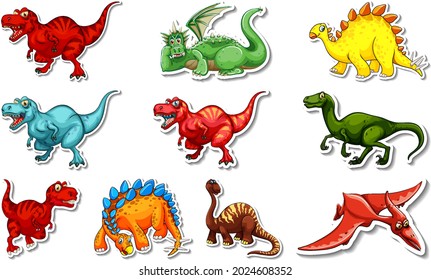 Sticker set with different types of dinosaurs cartoon characters illustration