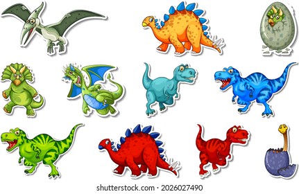 Sticker set with different types of dinosaurs cartoon characters illustration