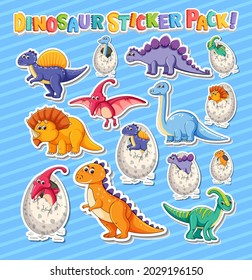 Sticker set with different types of dinosaurs cartoon characters illustration