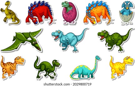 Sticker set with different types of dinosaurs cartoon characters illustration