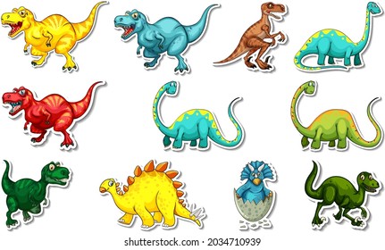 Sticker set with different types of dinosaurs cartoon characters illustration