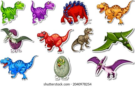 Sticker set with different types of dinosaurs cartoon characters illustration